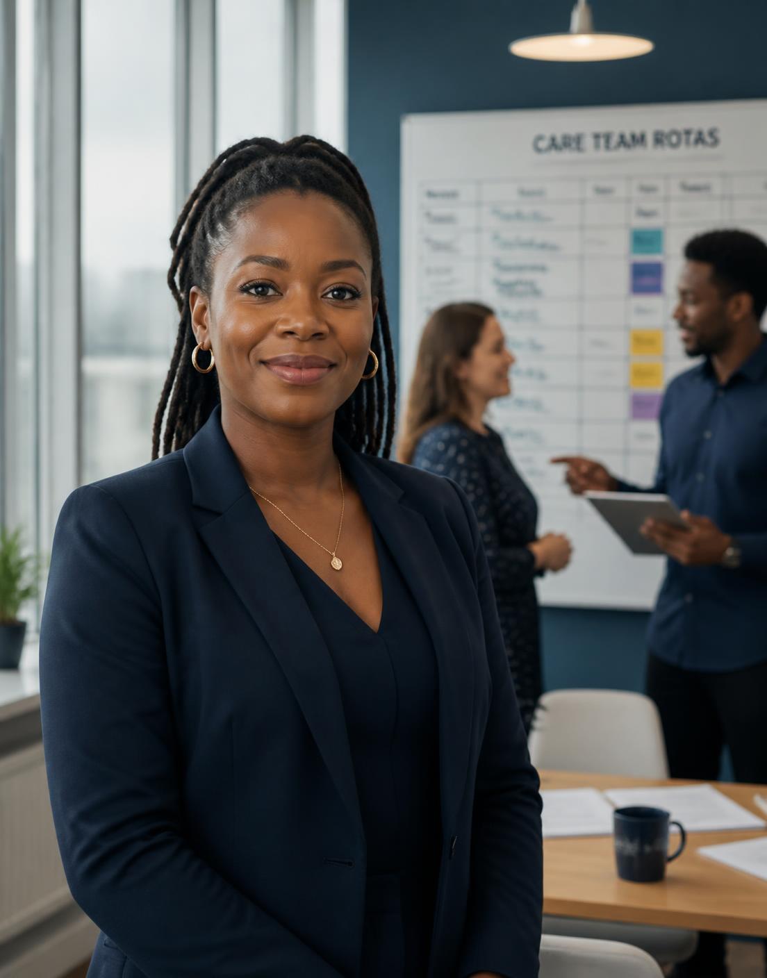 Care recruitment manager in a provider office with colleagues reviewing team rotas